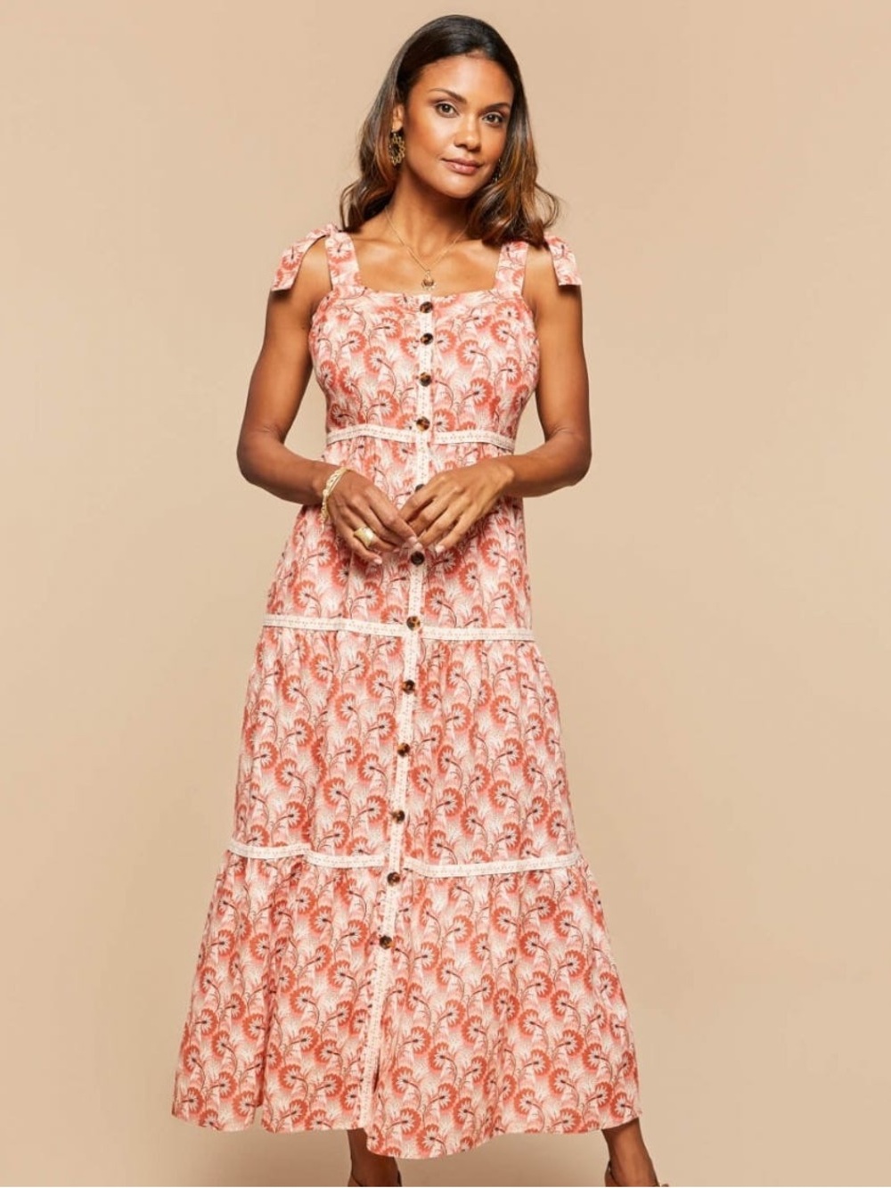 $248 Baylor Dress Pink Floral Linen Midi Dress Tiered Boho Cottagecore Size S